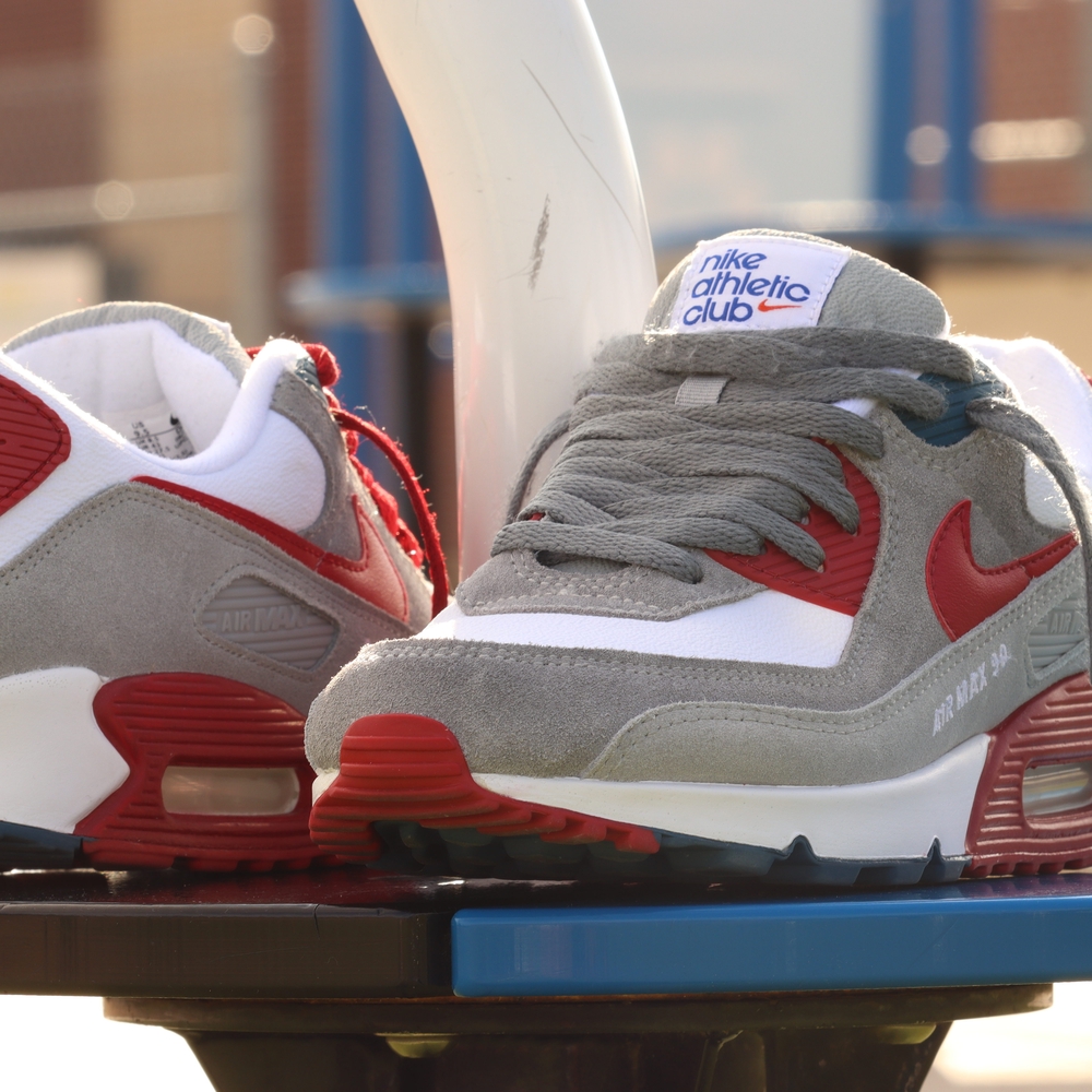 Nike Air Max 90 Sneakers - Gray, Red, and White